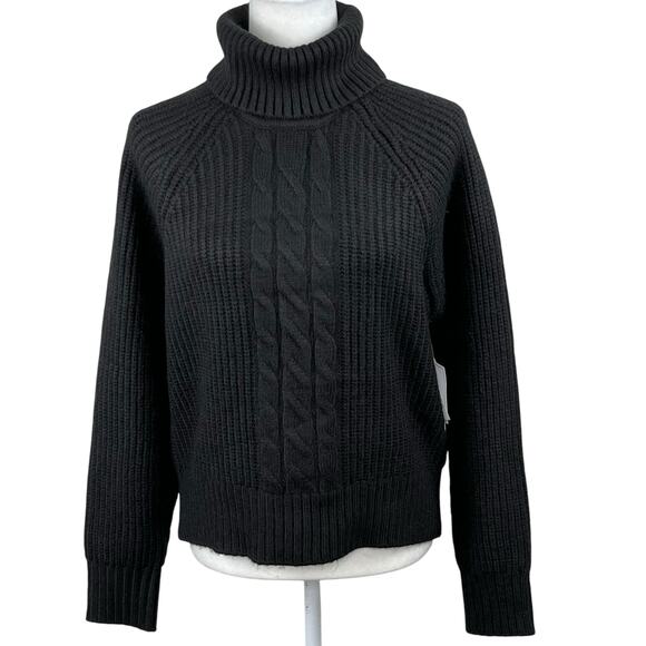 1.State Cable Knit Long Sleeve Turtleneck Sweater Back-Cutout Black Small NWT - Picture 3 of 14
